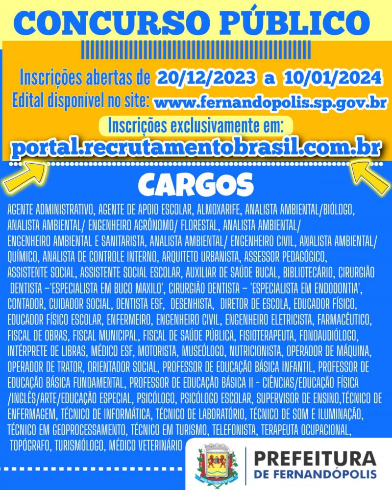 Prefeitura de Fernandópolis abre inscrições para concurso público 