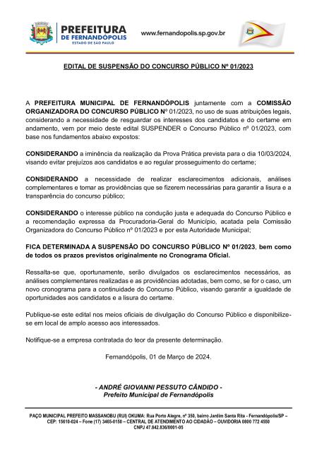 Prefeitura de Fernandópolis suspende concurso público e aguardará posicionamento de empresa