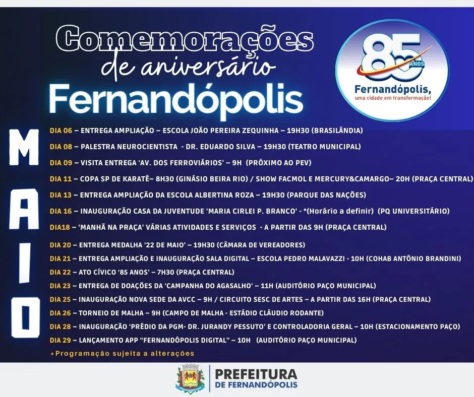Fernandópolis celebra 85 anos com diversas atividades