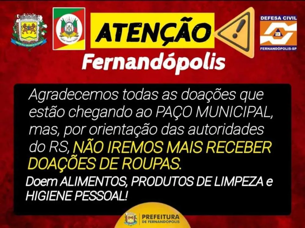 Fernandópolis encerra arrecadação de roupas para vítimas no RS