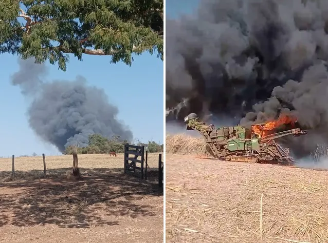 Fogo destrói canavial e colheitadeira de usina em Fernandópolis