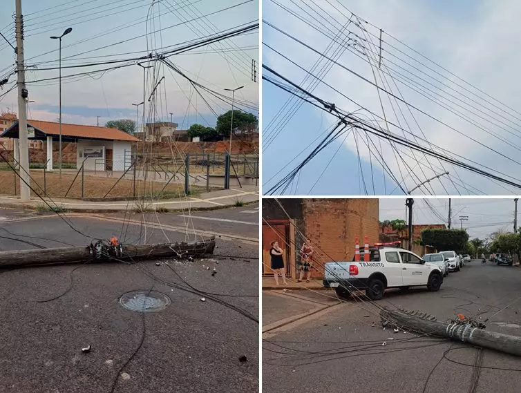 Poste de madeira cai em bairro de Fernandópolis e quase causa tragédia