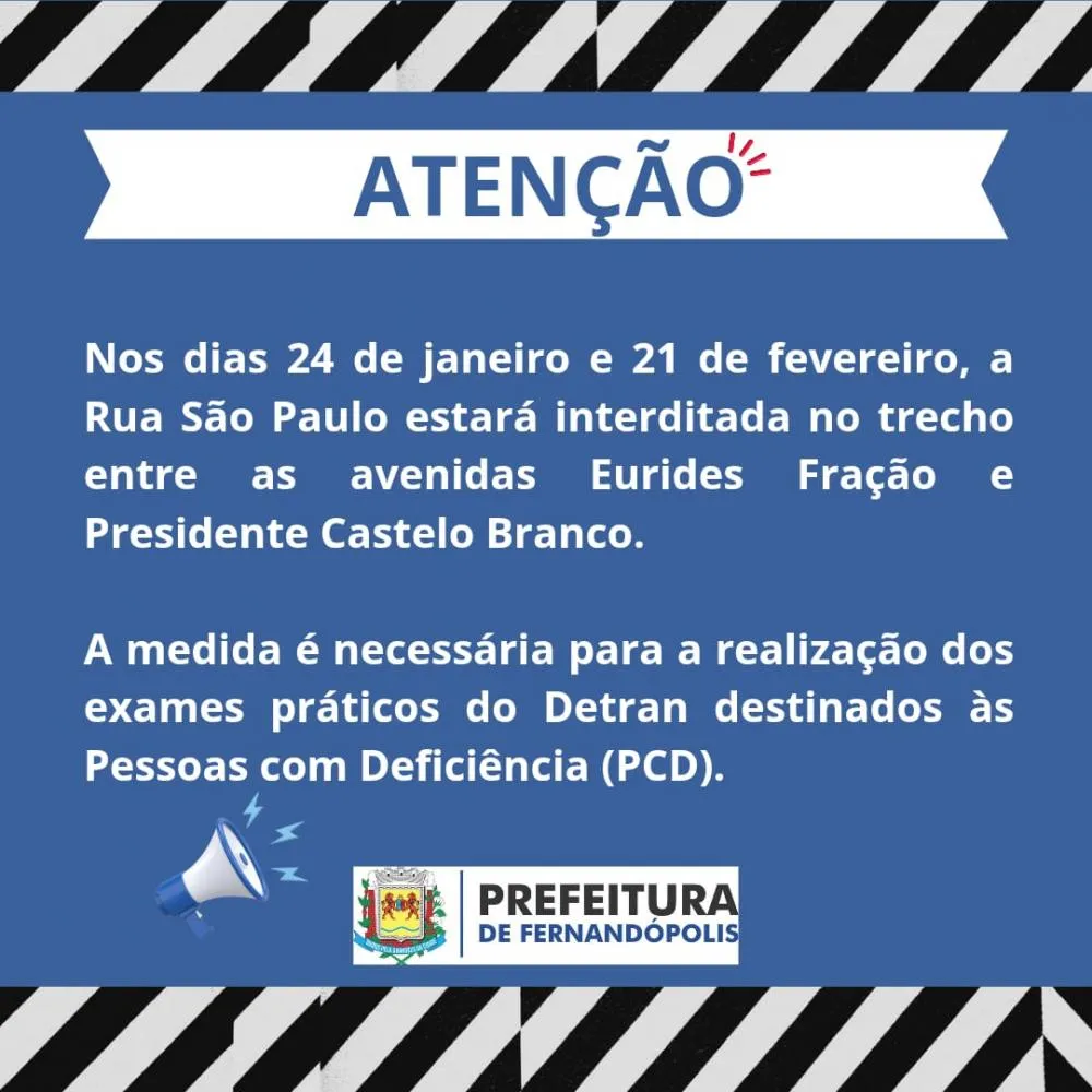 Rua São Paulo será interditada para exames práticos do Detran 