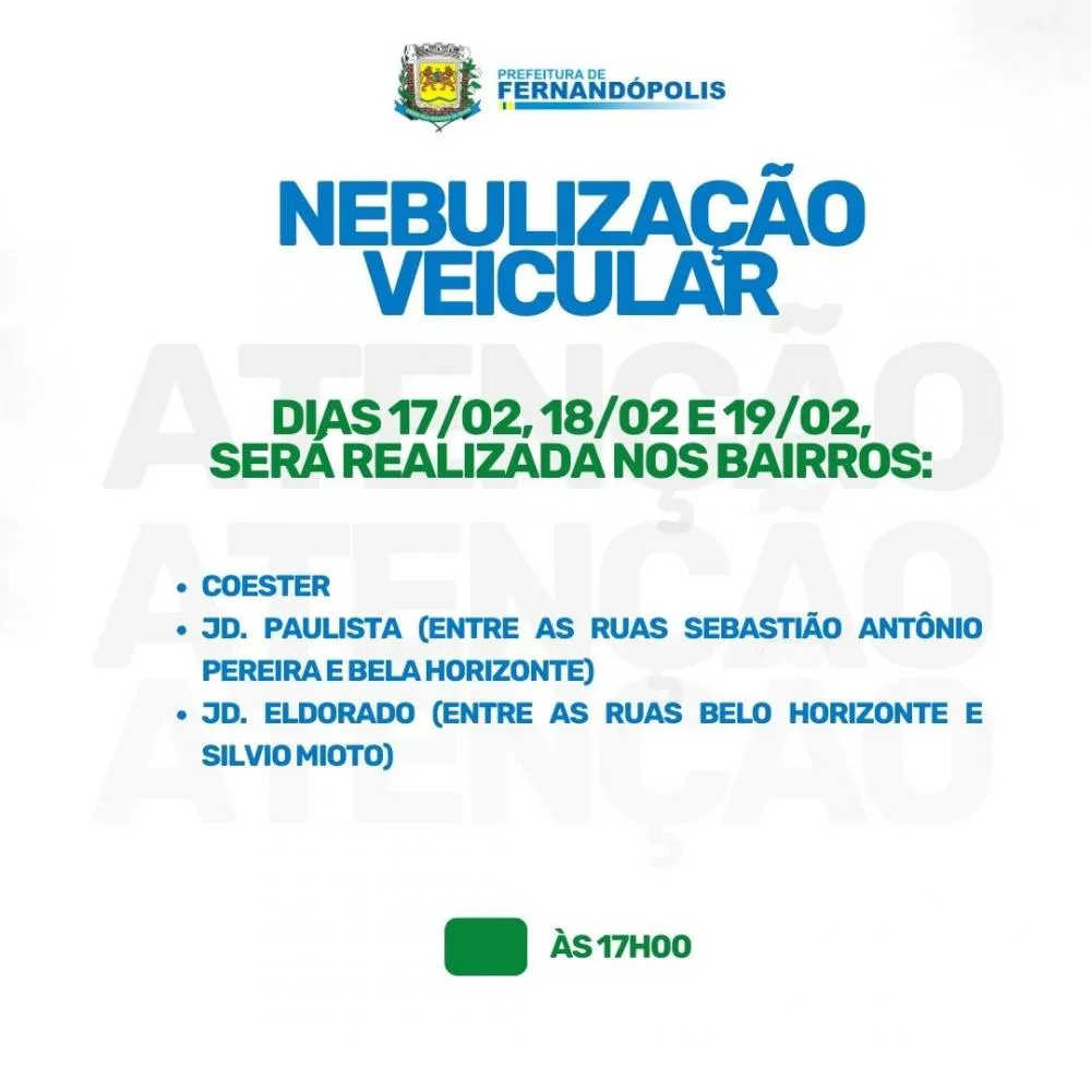 Confira os bairros que receberão a nova etapa da nebulização veicular 