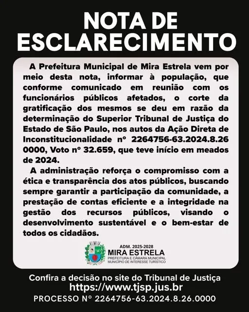 Prefeitura de Mira Estrela emite nota de esclarecimento sobre corte de gratificação