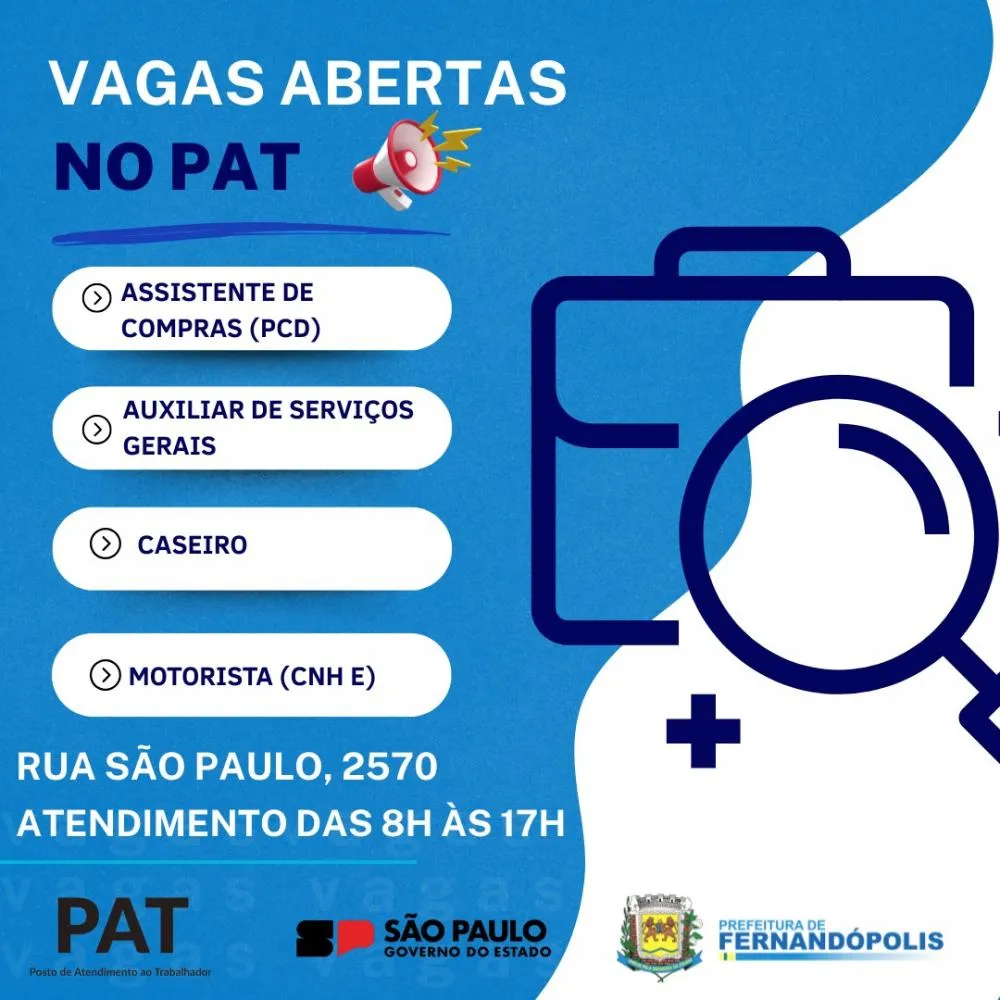 PAT de Fernandópolis divulga novas oportunidades de emprego 