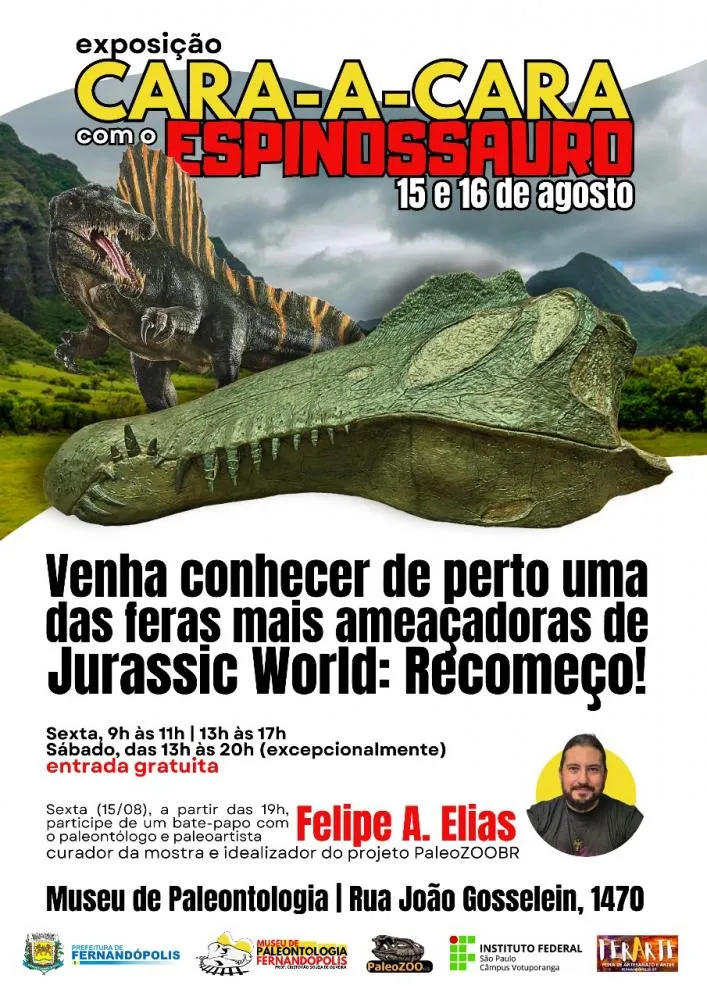 Museu de Paleontologia recebe exposição “Cara a Cara com o Espinossauro” nos dias 15 e 16 de agosto 