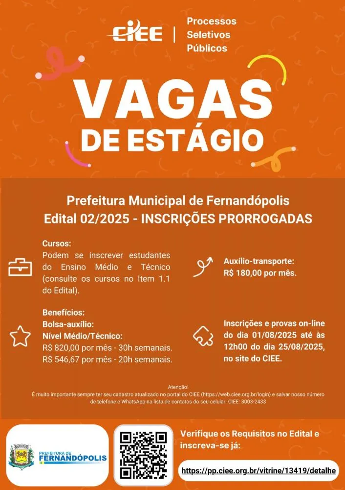 Inscrições para estágio de nível médio e técnico são prorrogadas até 25 de agosto 