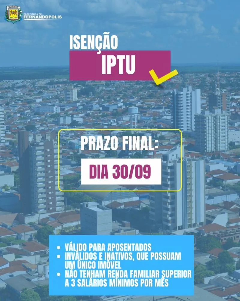 Isenção de IPTU deve ser requerida até 30 de setembro 