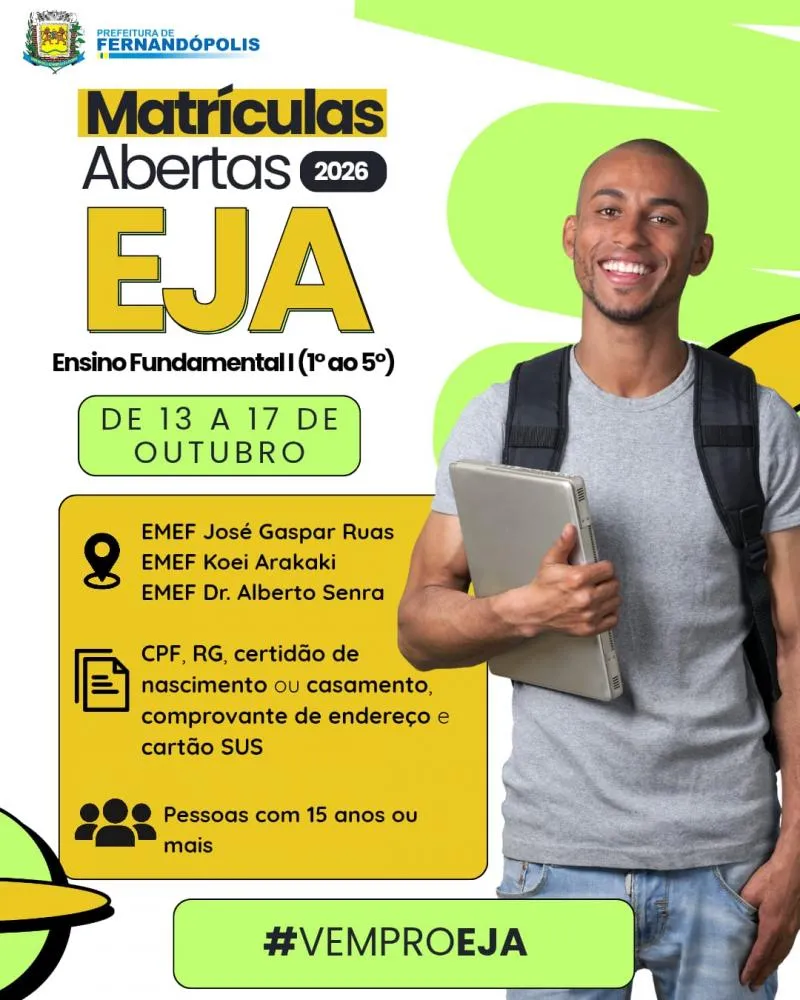 Matrículas para a EJA vão de 13 a 17 de outubro 