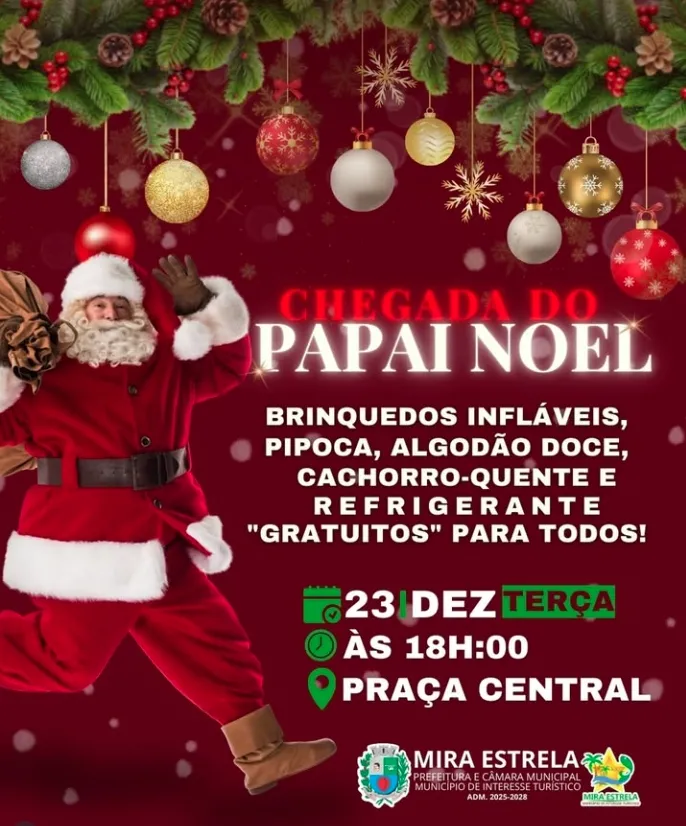 Papai Noel chega à Praça Central de Mira Estrela no dia 23 de dezembro