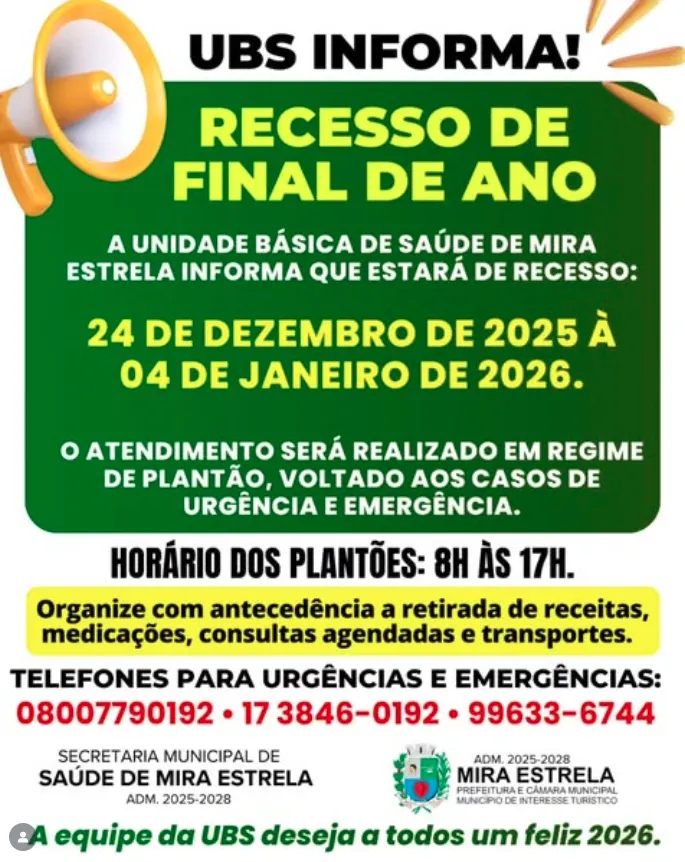 UBS de Mira Estrela entra em recesso de final de ano a partir do dia 24 de dezembro
