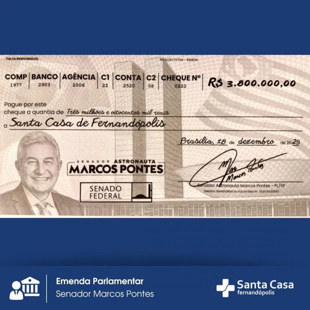 Emenda parlamentar garante R$ 3,8 milhões para a Santa Casa de Fernandópolis