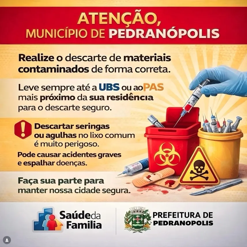 Prefeitura de Pedranópolis orienta população sobre descarte correto de materiais contaminados