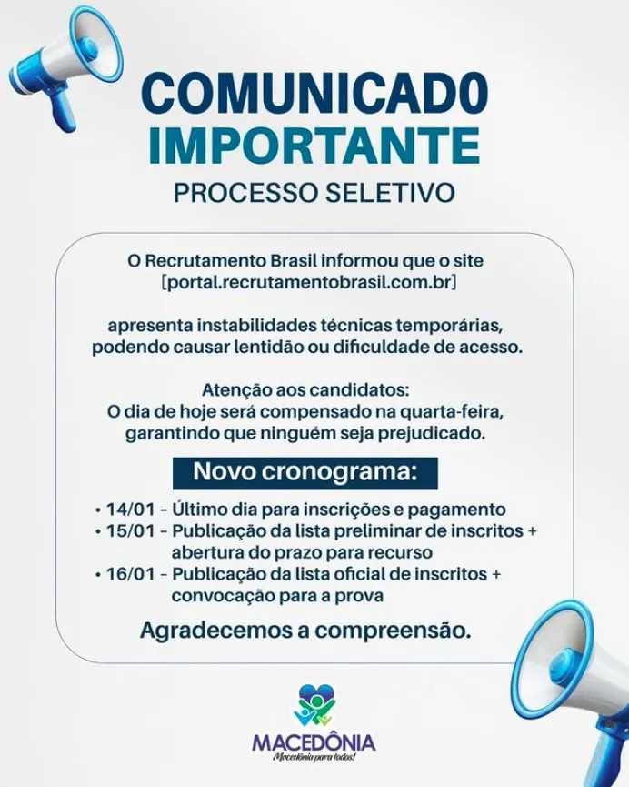 Prefeitura de Macedônia informa instabilidade em site de processo seletivo e ajusta cronograma