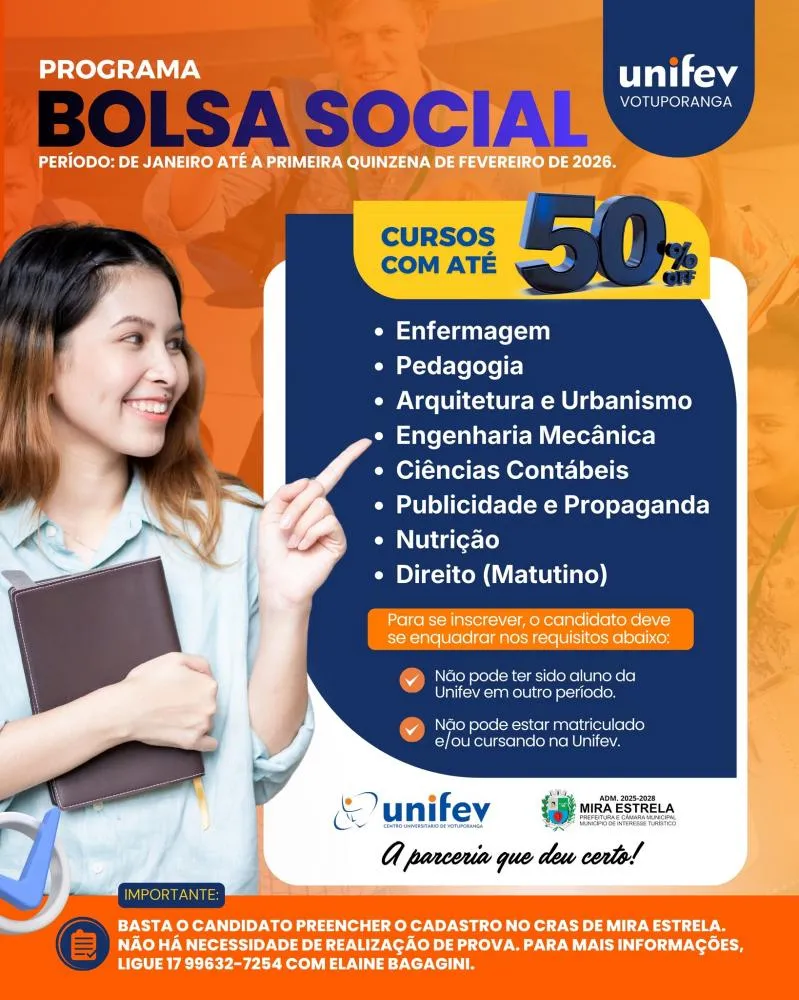 Mira Estrela abre inscrições para Bolsa Social 2026 da Unifev