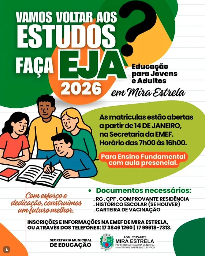 Prefeitura de Mira Estrela abre matrículas para a EJA 2026