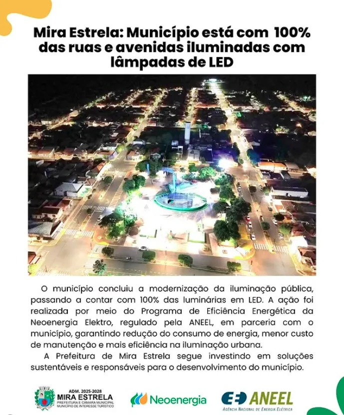 Mira Estrela alcança 100% de iluminação pública em LED