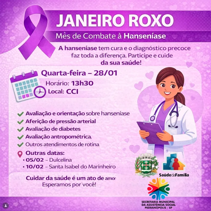 Pedranópolis promove atendimentos nos CCIs em alusão ao Janeiro Roxo