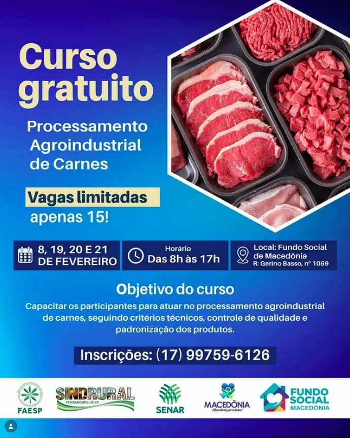 Curso gratuito de Processamento Agroindustrial de Carnes será realizado em Macedônia