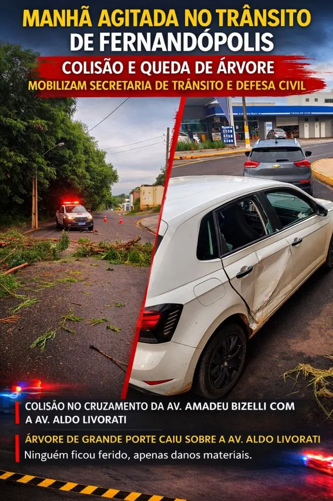 Colisão entre carros e queda de árvore mobilizam equipes em manhã agitada no trânsito de Fernandópolis