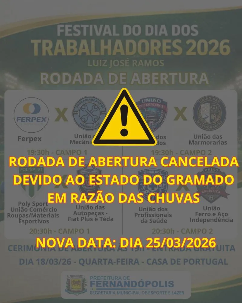 Chuva adia abertura da Copa dos Trabalhadores 2026 em Fernandópolis