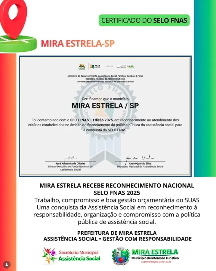 Mira Estrela recebe Selo FNAS 2025 e conquista reconhecimento nacional na área da Assistência Social