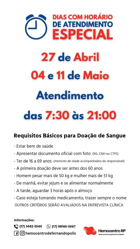 Hemocentro de Fernandópolis convoca população para doação de sangue em datas com horário especial