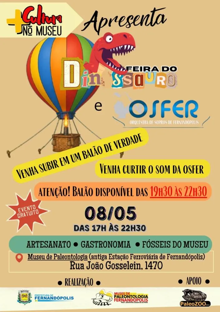 Museu de Paleontologia recebe Feira do Dinossauro, orquestra e balão cativo 