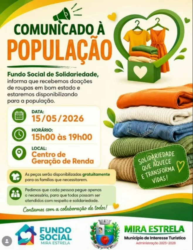 Fundo Social de Mira Estrela promove ação solidária com distribuição gratuita de roupas