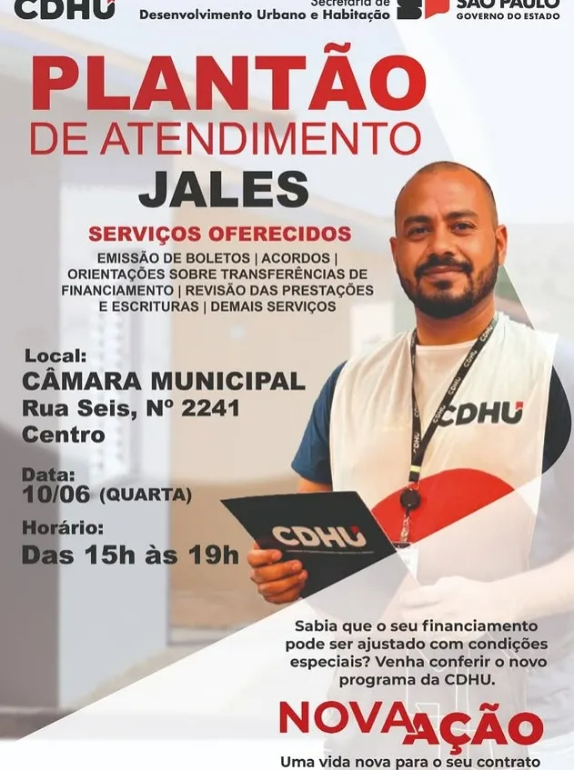 CDHU realiza plantão de atendimento habitacional em Jales no dia 10 de junho