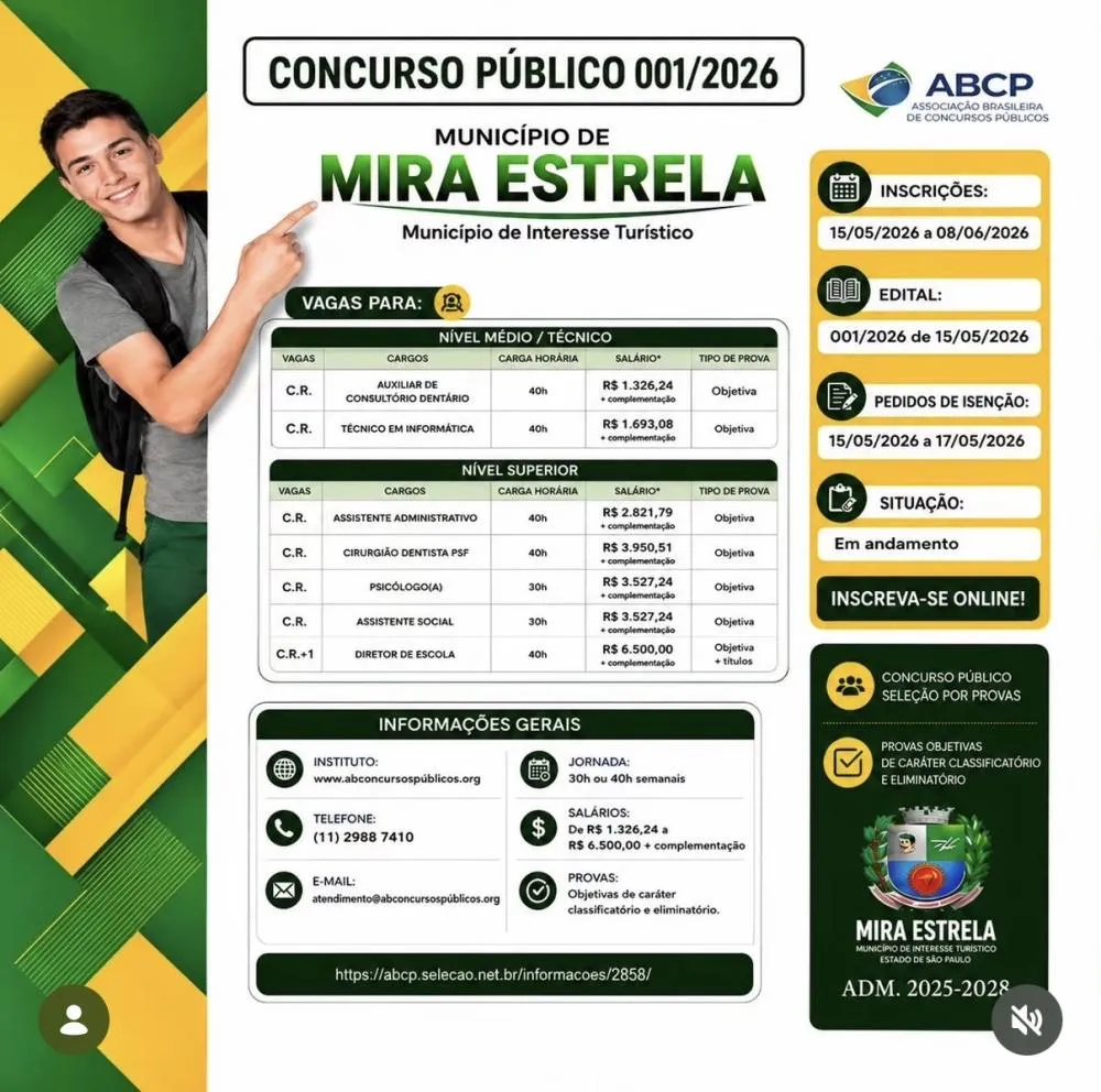 Prefeitura de Mira Estrela abre inscrições para Concurso Público 001/2026