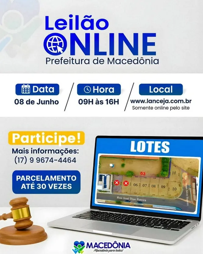 Prefeitura de Macedônia realizará leilão online com possibilidade de parcelamento