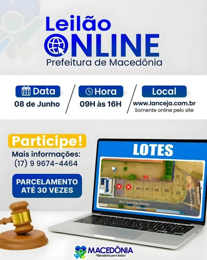 Prefeitura de Macedônia realizará leilão online com possibilidade de parcelamento em até 30 vezes