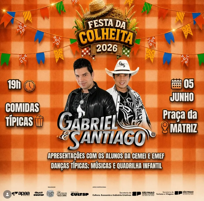 Pedranópolis confirma Festa da Colheita 2026 com apresentações culturais e show de Gabriel & Santiago