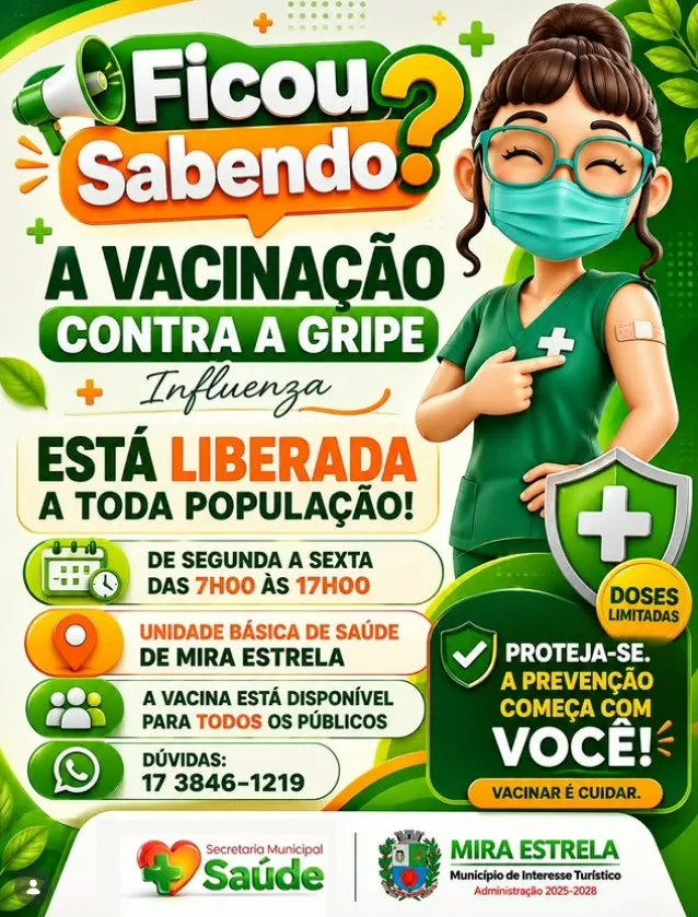 Vacinação contra a gripe é ampliada para toda a população em Mira Estrela