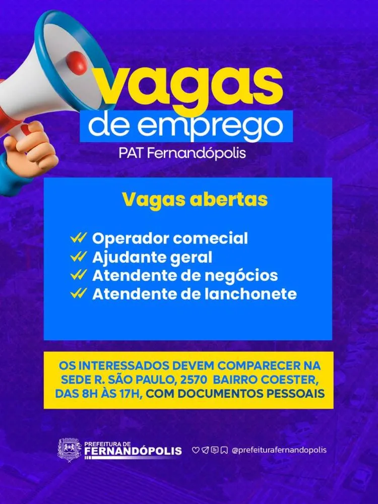 Novas vagas de trabalho estão disponíveis no PAT 