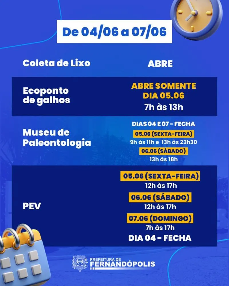 O que abre e o que fecha no Corpus Christi em Fernandópolis 