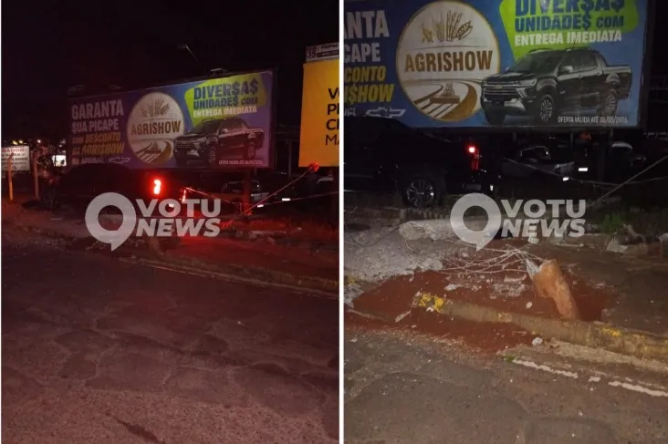 Motorista perde controle de caminhonete e derruba poste durante a madrugada em Votuporanga