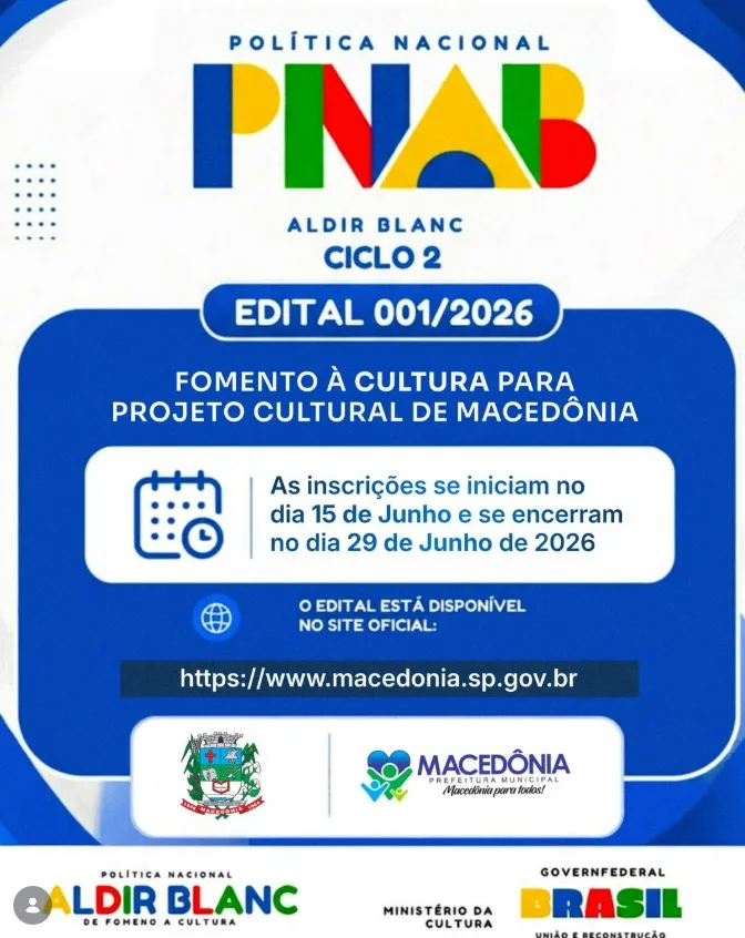 Prefeitura de Macedônia abre inscrições para projetos culturais por meio da Lei Aldir Blanc