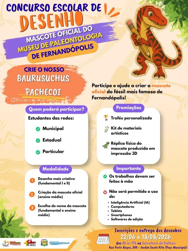 Concurso escolar escolherá mascote do Museu de Paleontologia 