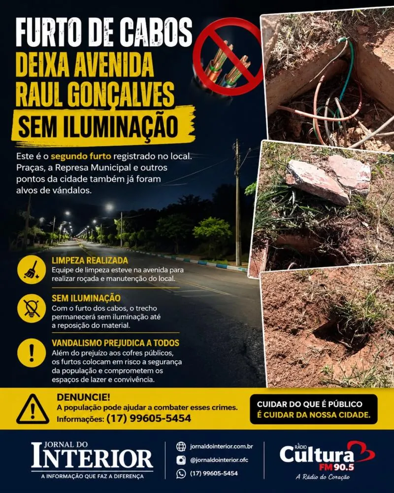 Furto de cabos deixa Avenida Raul Gonçalves sem iluminação em Fernandópolis