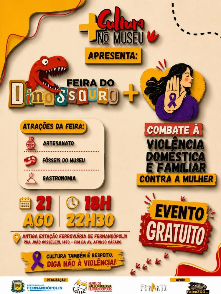 “Feira do Dinossauro” terá espaço de conscientização sobre violência contra a mulher