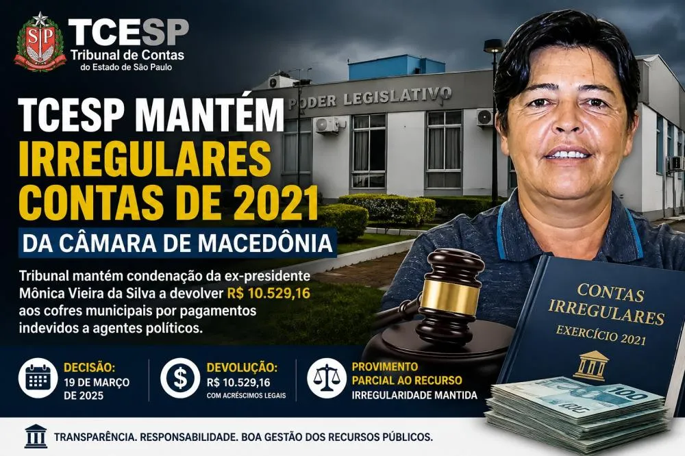 TCESP mantém irregularidade das contas de 2021 da Câmara de Macedônia e confirma devolução de R$ 10,5 mil
