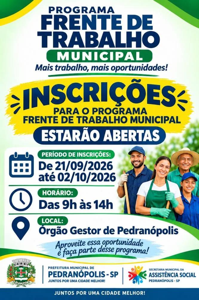 Pedranópolis abre inscrições para o Programa Frente de Trabalho Municipal