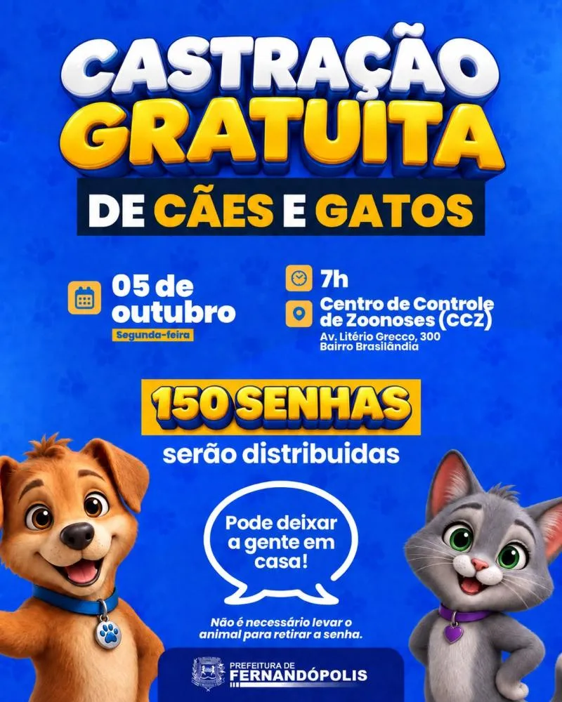 CCZ distribuirá senhas para castração de cães e gatos na 2ª-feira