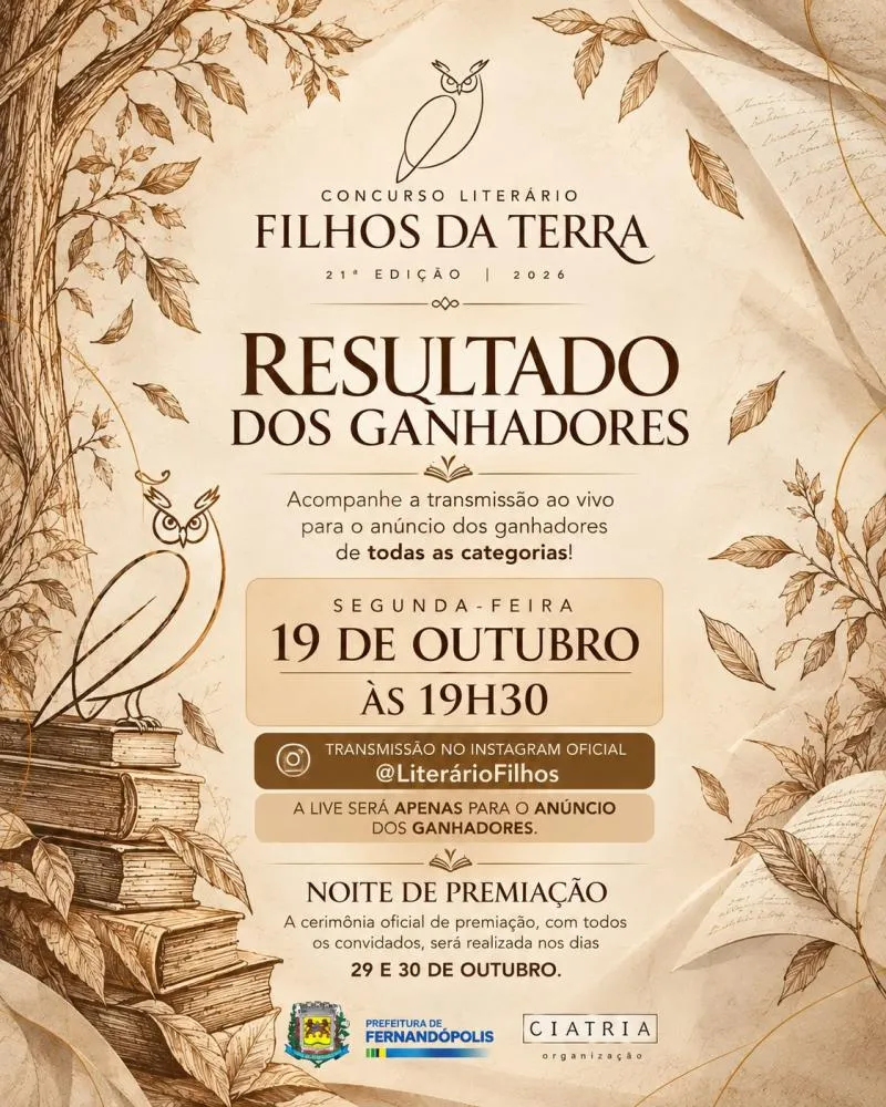 Concurso Literário Filhos da Terra anuncia classificados nesta segunda, 19